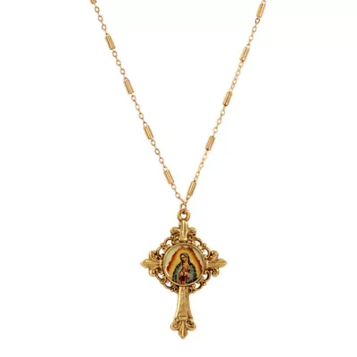 Gold Tone Virgin Mary Decal Cross Necklace 18 In by Symbols of Faith