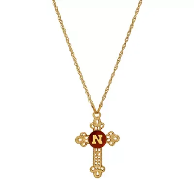 Gold Tone Cross Red Enamel Initial Necklace 18" by Symbols of Faith