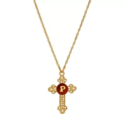 Gold Tone Cross Red Enamel Initial Necklace 18" by Symbols of Faith