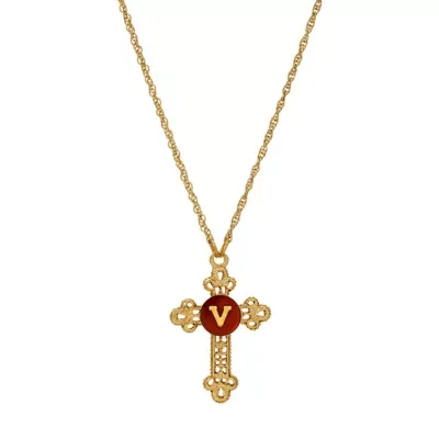 Gold Tone Cross Red Enamel Initial Necklace 18" by Symbols of Faith