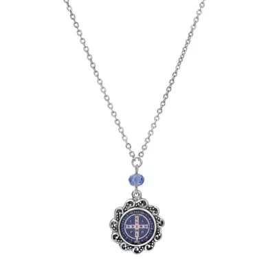 Silver Tone Blue & Silver St Benedict Medal Decal Necklace 16" by Symbols of Faith