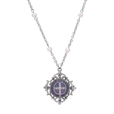 Silver Tone Blue & Silver St Benedict Medal Decal Necklace 18 In by Symbols of Faith