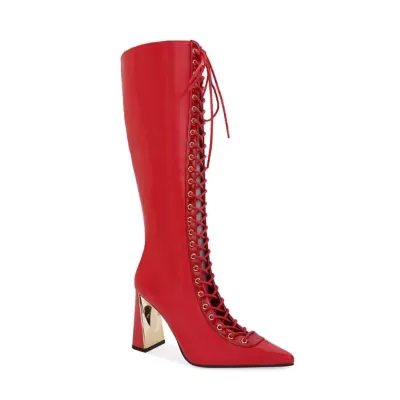 Feline Front Lace Up Pointy Toe Knee-High Boot