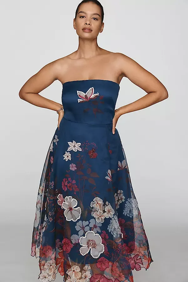 Strapless Floral Chiffon Midi Dress by Maeve