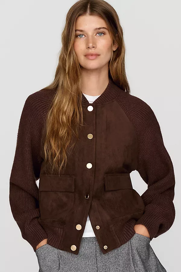 Josephine Faux Suede & Ribbed Knit Bomber Cardigan by 525 America
