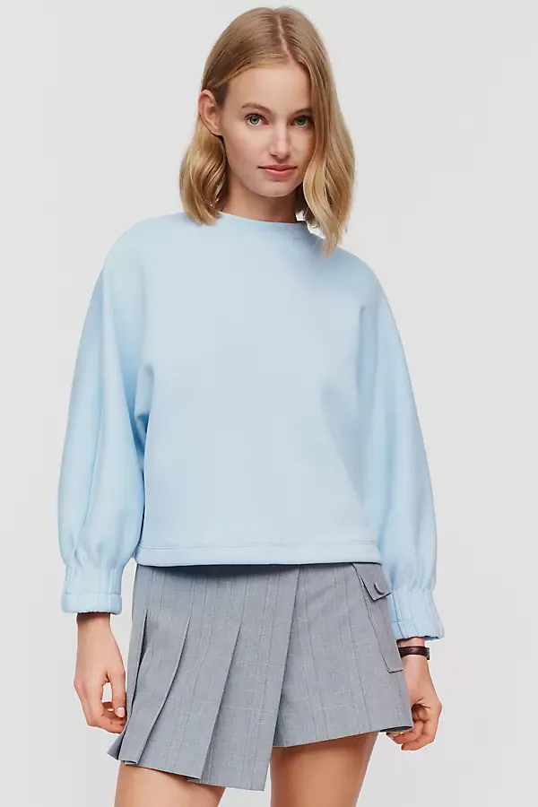 Cotton Blend Pleated Sleeve Crewneck Top by Maeve