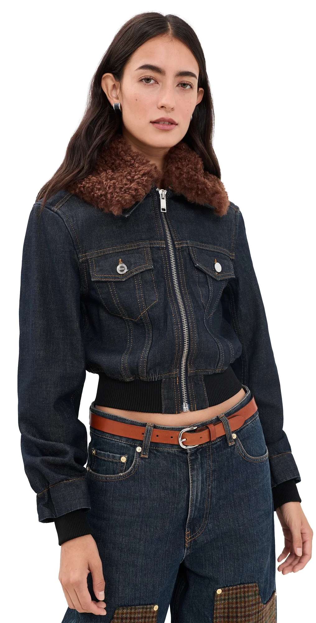 GANNI Slub Denim Cropped Bomber Jacket