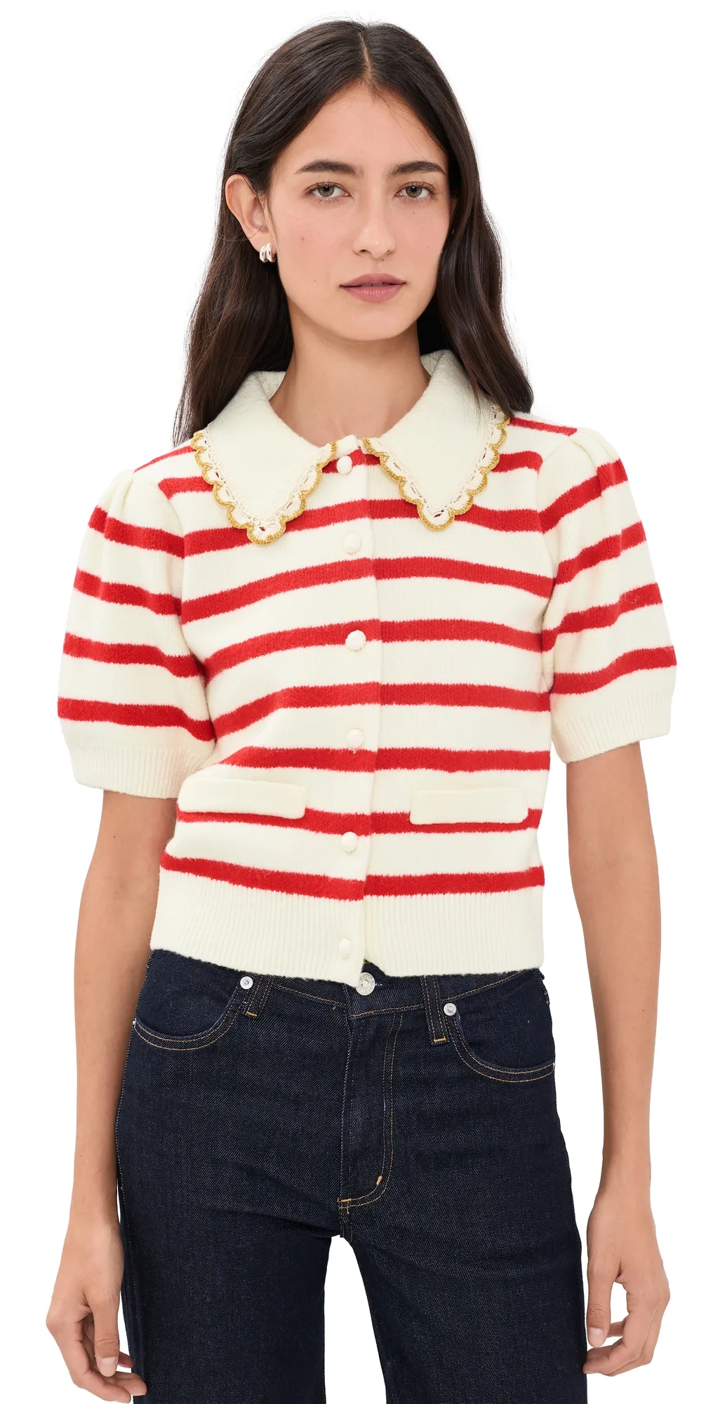 Striped Puff Sleeve Knit Cardigan by English Factory