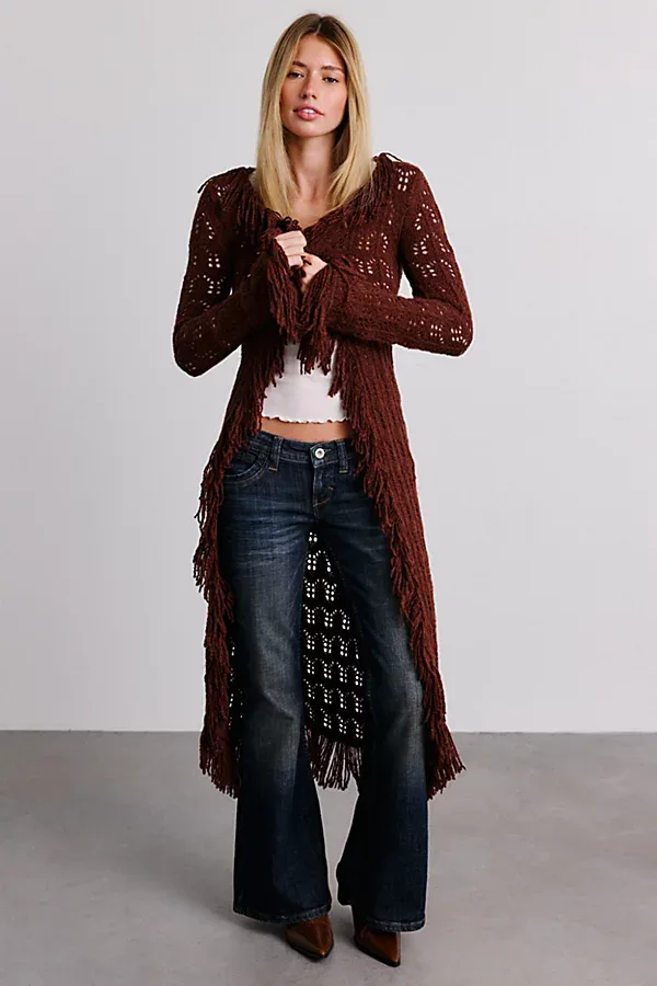 Penny Pointelle Knit Fringe Duster Cardigan by Kimchi Blue