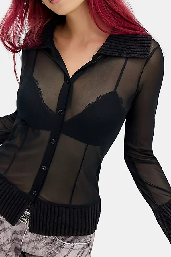 UO Jaea Sheer Mesh Button-Down Shirt by Urban Outfitters