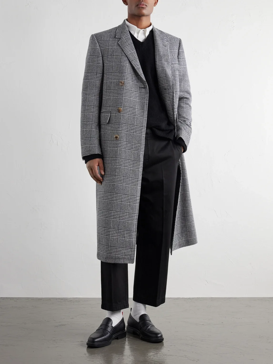 Prince of Wales Checked Woven Wool Coat