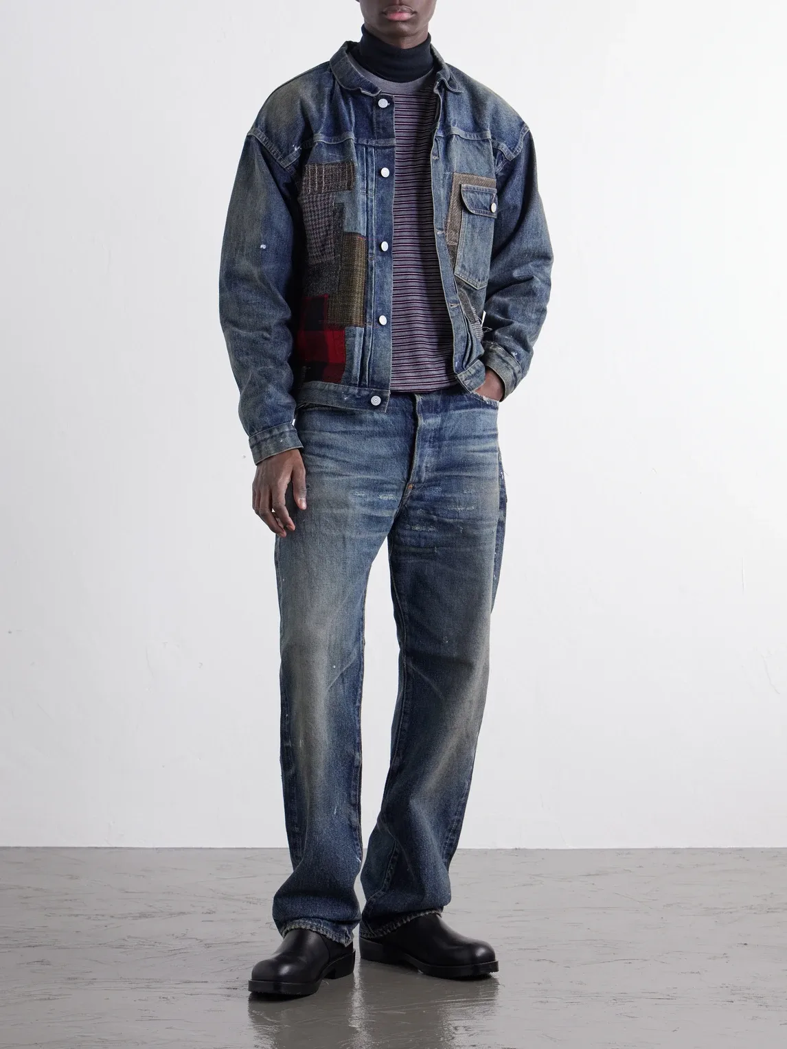 Patchwork Distressed Paint-Splattered Denim Jacket by Junya Watanabe
