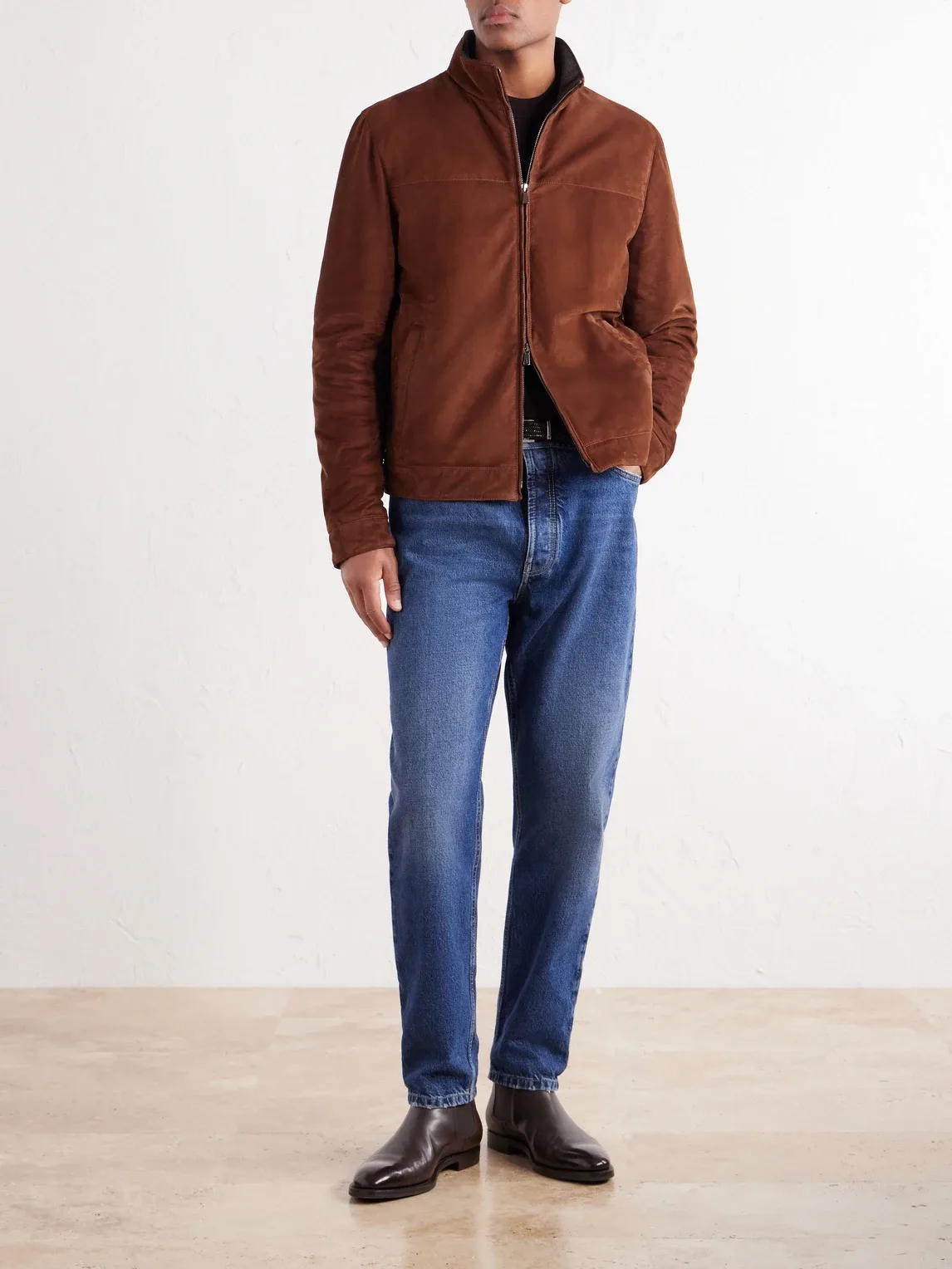 Suede Mock-Neck Bomber Jacket