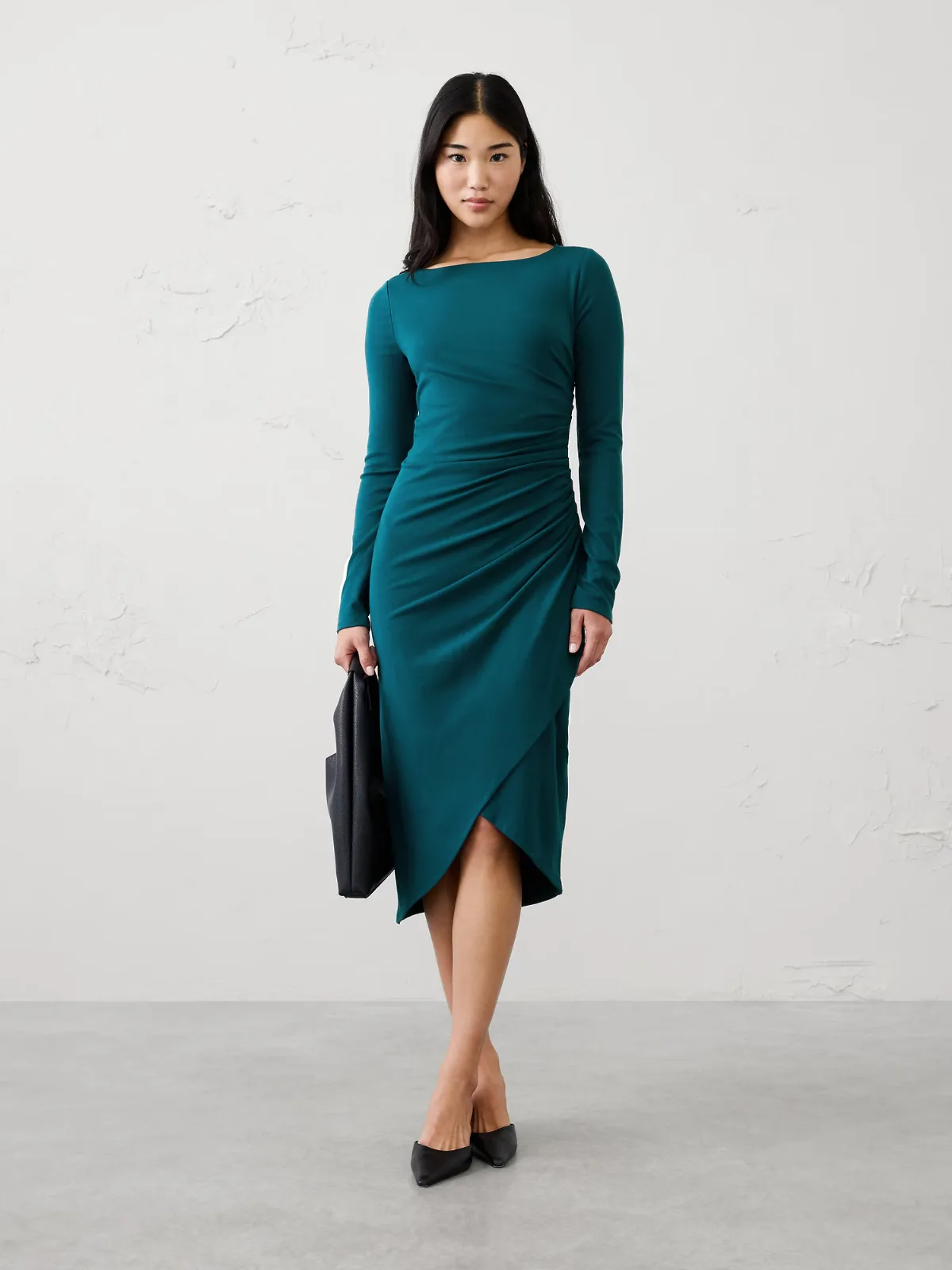 Soft Knit Shirred Midi Dress