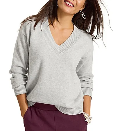 Claud Bay Ribbed Knit Metallic Stripe V-Neck Long Sleeve Sweater Top by Tommy Bahama