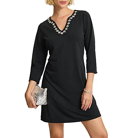 Darcy Ponte V-Neck 34 Sleeve Midi Length Shift Dress by Tommy Bahama