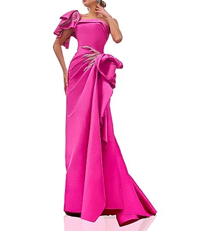 Mikado One Shoulder Ruffle Sleeve Sequin Applique Gathered Side Slit Gown