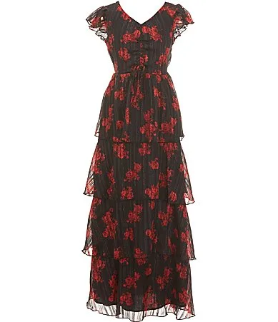 Flutter-Sleeve Holiday-Floral Ruffle-Tier Dress by Allison & Kelly