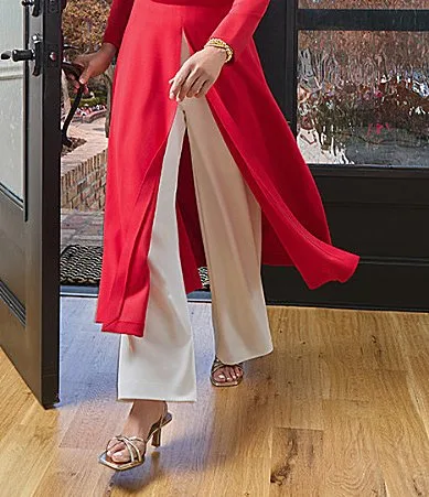 Ming Wang x Anna Marie Stretch Deco Crepe No-Roll Waistband Pintuck Wide Leg Pull-On Pants by Ming Wang