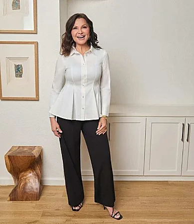 Ming Wang x Anna Marie Stretch Cotton-Blend Point Collar Long Sleeve Button-Front Peplum Blouse by Ming Wang