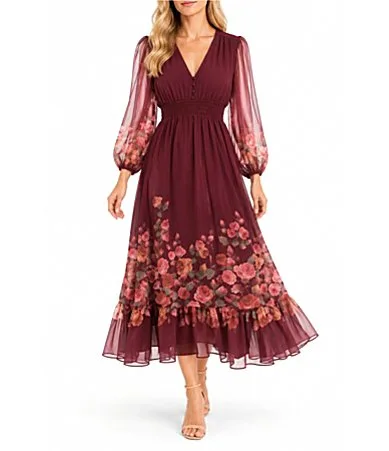 Floral Chiffon Smocked Midi Dress