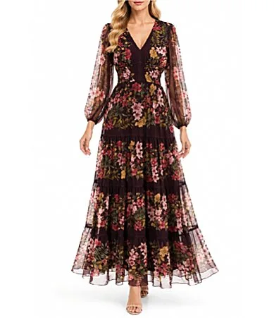 Printed Chiffon V-Neck Tiered Dress
