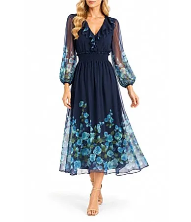 Floral Chiffon Ruffle Neck Midi Dress