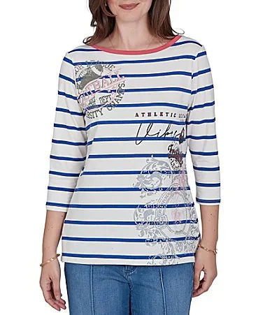 Knit Varsity Stripe Floral Placement Scoop Neck 34 Sleeve Tee by Ruby Rd