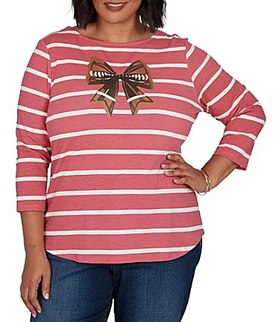Knit Stripe Football Bow Boat Neck 34 Sleeve Tee by Ruby Rd