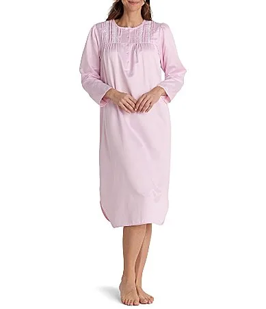 Long Sleeve Round Neck Brushed Back Satin Nightgown by Miss Elaine