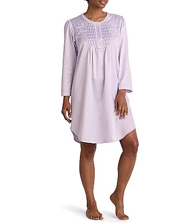 Long Sleeve Round Neck Brushed Back Satin Short Nightgown by Miss Elaine