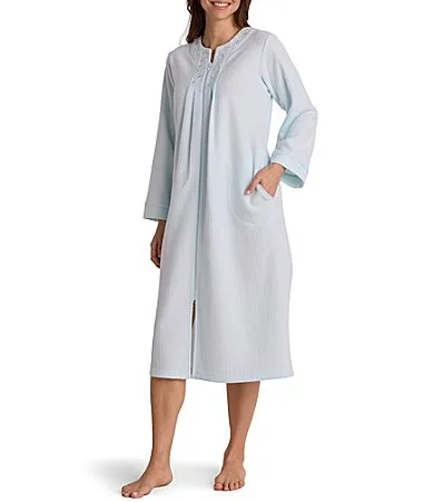 Long Sleeve Round Neck Brushed Back Terry Knit Long Zip Robe