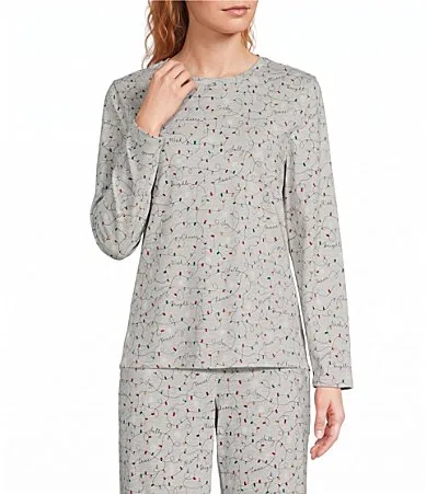 Holiday Lights Print Knit Long Sleeve Crew Neck Coordinating Sleep Top by Sleep Sense