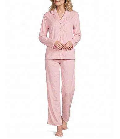 Pink Medallion Print Long Sleeve Notch Collar Fleece Long Pajama Set