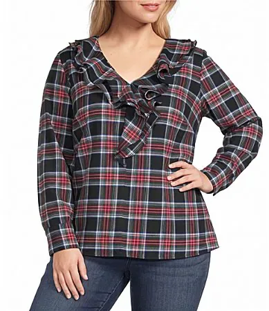 Sandy Holiday Plaid Ruffle V-Neck Long Sleeve Top by Foxcroft