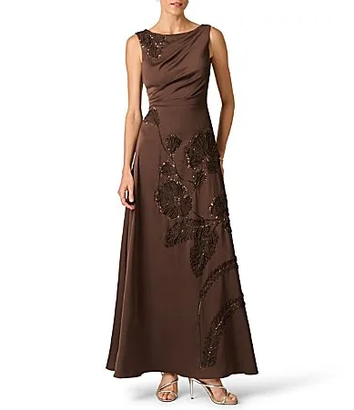 Beaded Satin Boat Neck Sleeveless Long Dress by Aidan Mattox