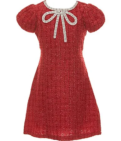Short-Sleeve Rhinestone-Accented Bow-Trimmed Boucle Dress by Xtraordinary