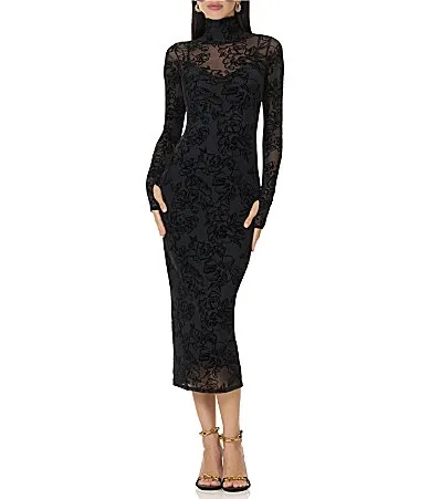 Shailene Floral Flocked Mesh Turtle Neck Long Sleeve Midi Dress