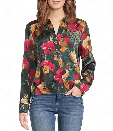 Satin Crepe De Chine Floral Collared Neck Button Front Blouse by Karl Lagerfeld