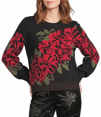 Knit Floral Print Crew Neck Long Sleeve Sweater