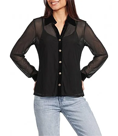 Mesh Black Trim Point Collar Button Front Top