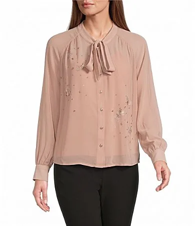 Woven Chiffon Crew Neck Long Sleeve Embellishment Neck Tie Blouse by Karl Lagerfeld