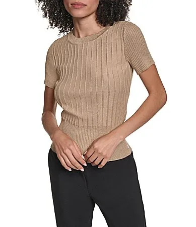Ribbed Knit Metallic Signature Crew Neck Short Sleeve Sweater Top