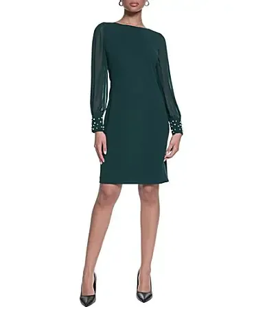 Scuba Crepe Crew Neck Chiffon Long Sleeve Pearl Cuff Sheath Dress by Karl Lagerfeld