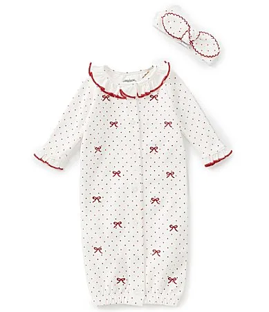 Long Sleeve Pin Dot Bow Embroidered Night Gown by Mud Pie