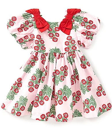 Bubble Sleeve Christmas Floral Bouquet Printed Dress by Mud Pie
