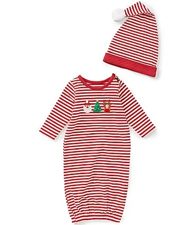 Long Sleeve Stripe Christmas Character Applique Sleep Gown & Hat Set by Mud Pie