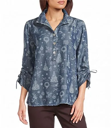 Woven Denim Holiday Novelty Print Point Collar 3/4 Sleeve Top by John Mark