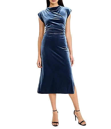Stretch Velvet Cowl Neck Cap Sleeve Ruched Midi Dress