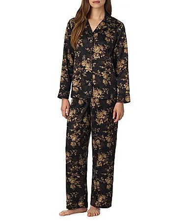 Floral Print Sateen Long Sleeve Notch Collar Long Pajama Set